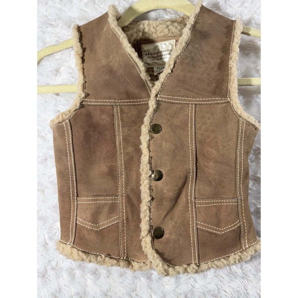 J & A Leathers Unisex Kids Size 4Brown Genuine Leather Sherpa Lined Western Vest
